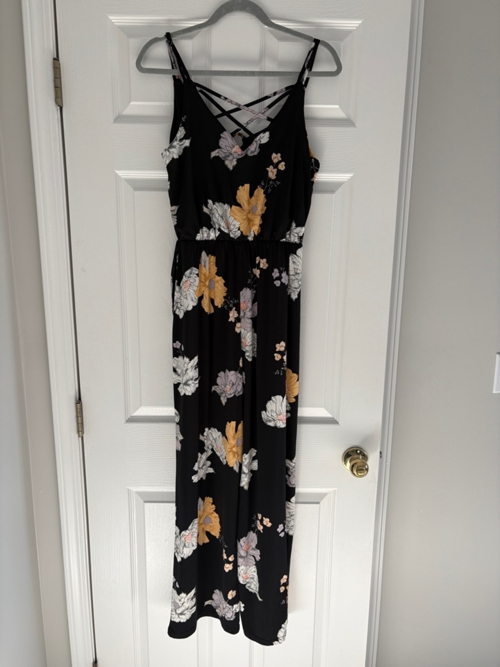 Maurices Black Floral Strappy Jumpsuit with Yellow & White Blooms